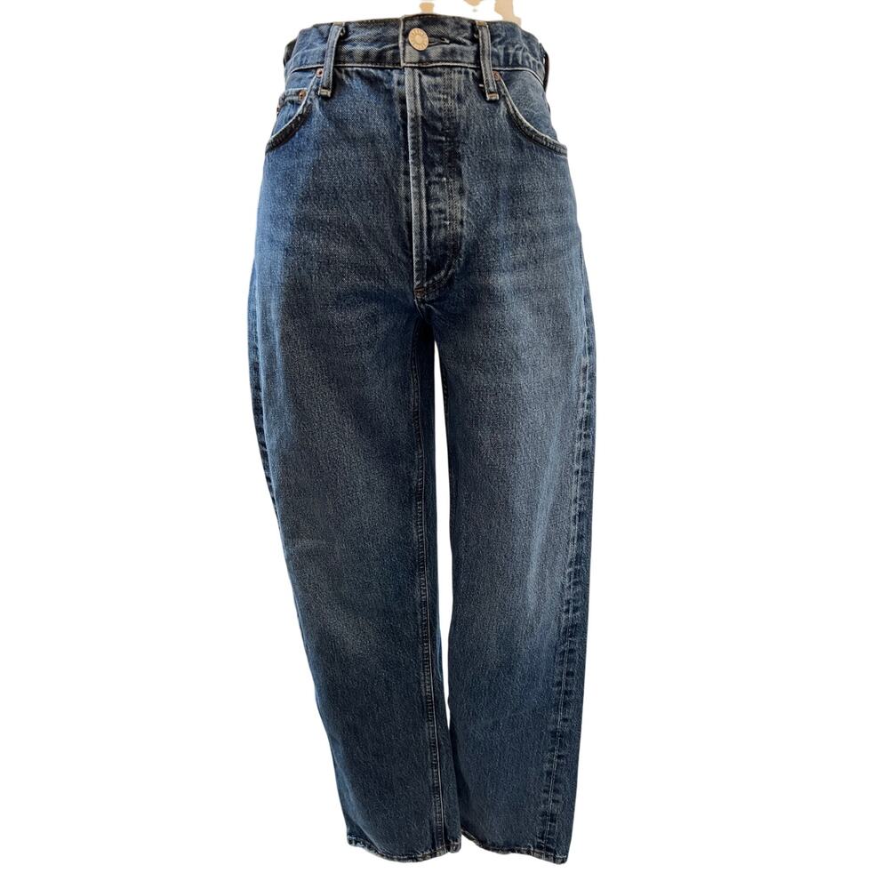 AGOLDE Womens 26 Blue High Rise Straight Leg Jeans Raw Hem Distressed Denim